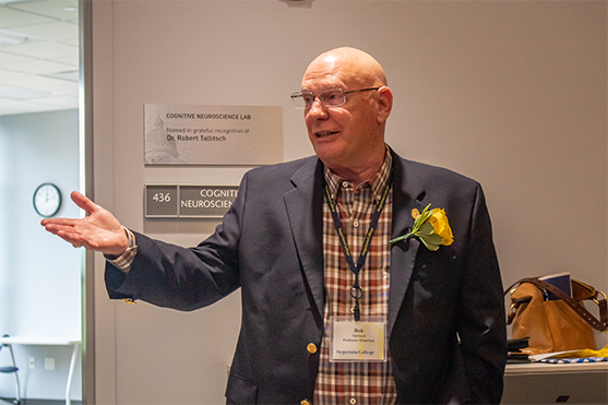 Image of Robert Tallitsch giving a lecture in the new expansion of Hanson Hall of Science at Augustana College in Rock Island, Illinois.